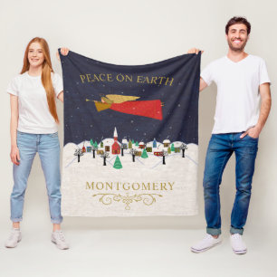 Christmas Angel Village Peace on Earth Monogram Fleece Blanket