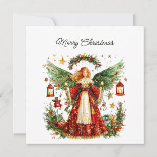 Christmas Angel & Winter berries, Customisable Holiday Card
