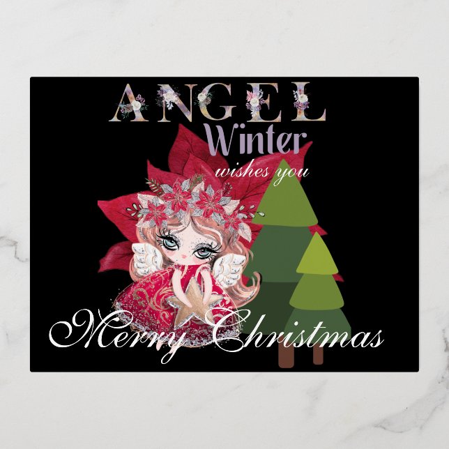 Christmas Angel Winter Merry Christmas Foil Holiday Postcard (Front)