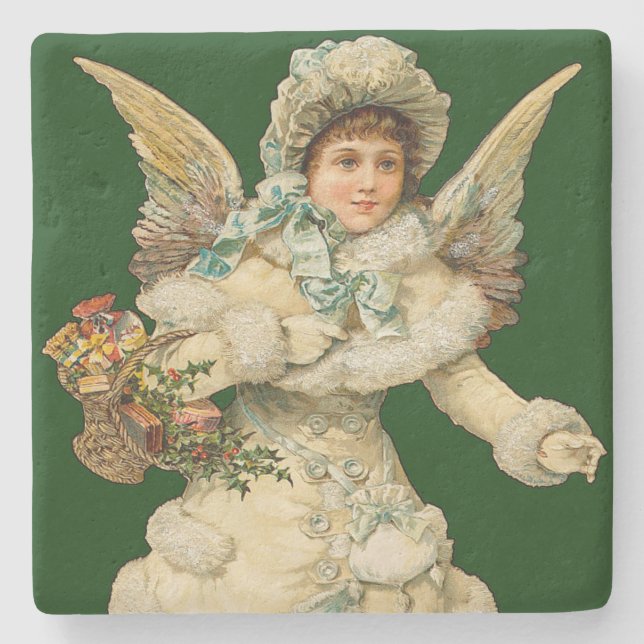 Christmas Angel With Basket Stone Coaster (Front)