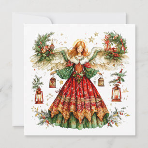 Christmas Angel with berries & candy cane & toys Holiday Card