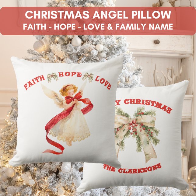 Christmas Angel with Family Name Cushion (Christmas Angel with Family Name Throw Pillow)