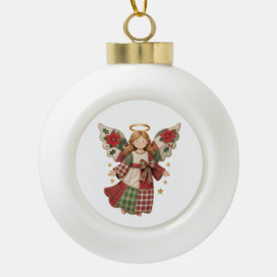 Christmas Angel with Golden Stars Ceramic Ball Christmas Ornament