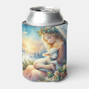Christmas Angel with Lamb in Winter Peace Can Cooler