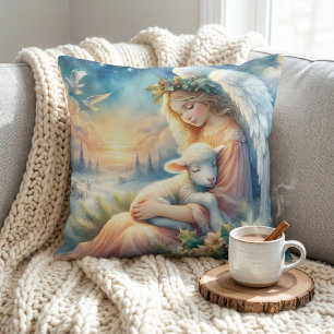 Christmas Angel with Lamb in Winter Peace Cushion
