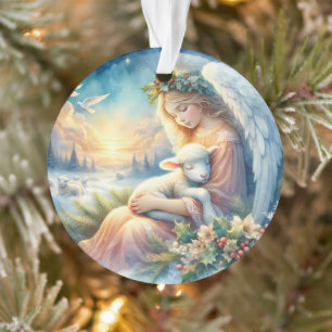 Christmas Angel with Lamb in Winter Peace Ornament