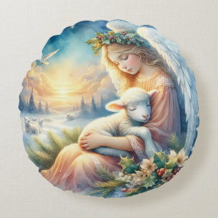 Christmas Angel with Lamb in Winter Peace Round Cushion