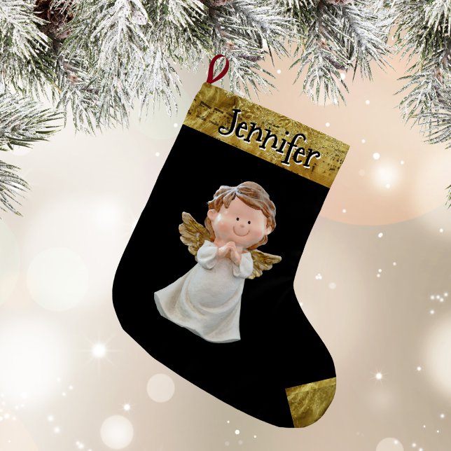 Christmas Angel With Name, Gold  Large Christmas Stocking (Christmas Angel With Name - Black and Gold)