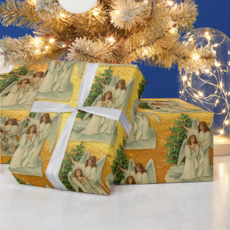 Christmas Angels Antique Victorian Gold Luxury Wrapping Paper