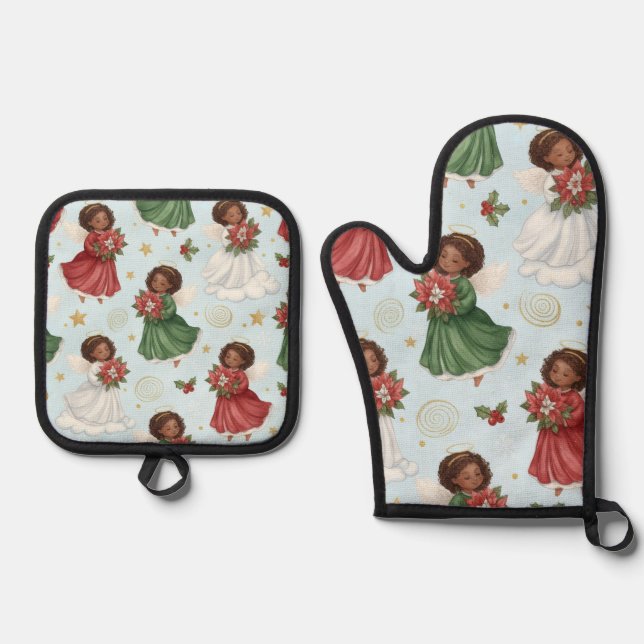 Christmas Angels Oven Mitt & Pot Holder Set (Front)