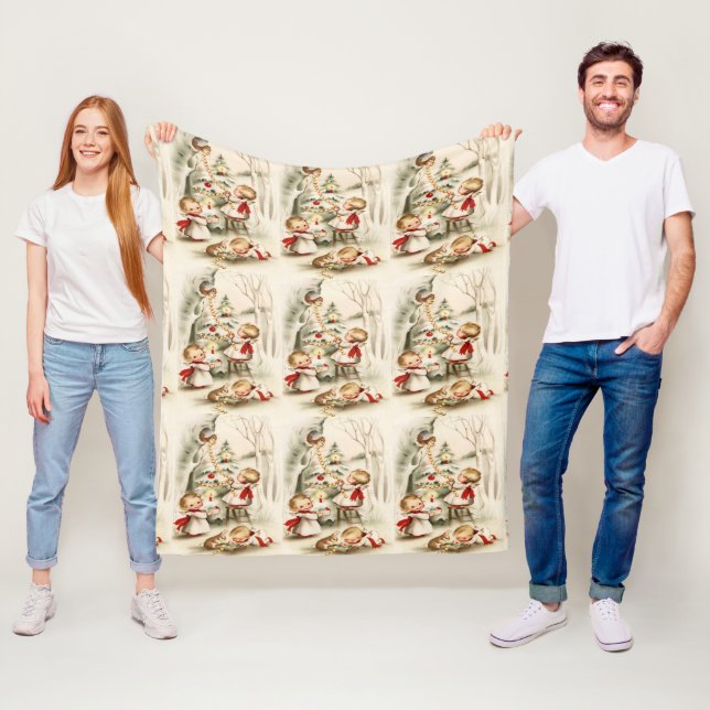 Christmas Angels Red Bow Tree Rabbit Squirrel Fleece Blanket (In Situ)