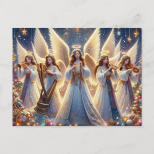 Christmas angels with music instruments  holiday postcard