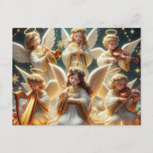 Christmas angels with music instruments  holiday postcard