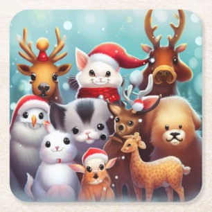 Christmas Animals 2 Square Paper Coaster