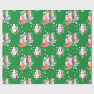 Christmas Animals, Children and Snowman Green Wrapping Paper