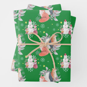 Christmas Animals, Children and Snowman Green  Wrapping Paper Sheet