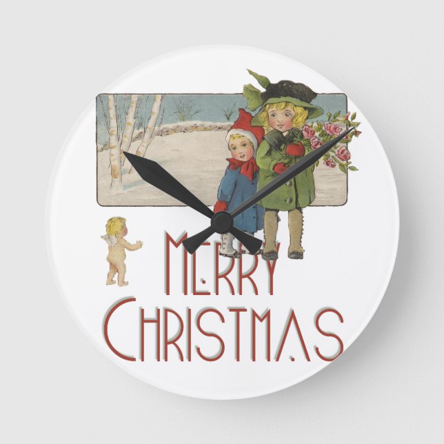 Christmas Antique Children Illustration 1920  Round Clock (Front)