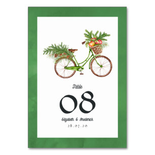 Christmas Apples and Pines Bicycle Winter Wedding Table Number