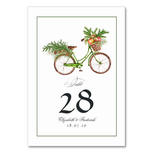 Christmas Apples and Pines Bicycle Winter Wedding Table Number (Front)