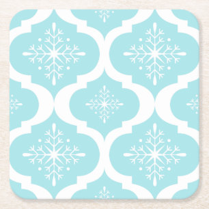 Christmas Aqua Blue Snowflakes Lattice Pattern Square Paper Coaster