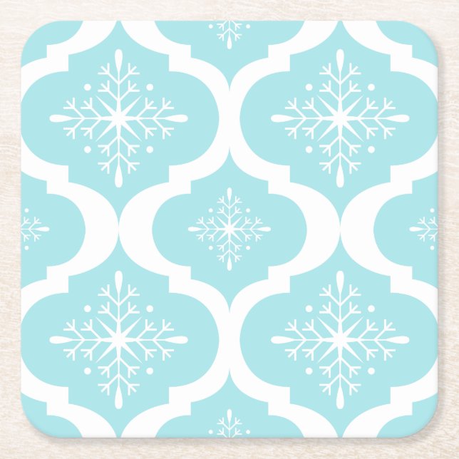 Christmas Aqua Blue Snowflakes Lattice Pattern Square Paper Coaster (Front)