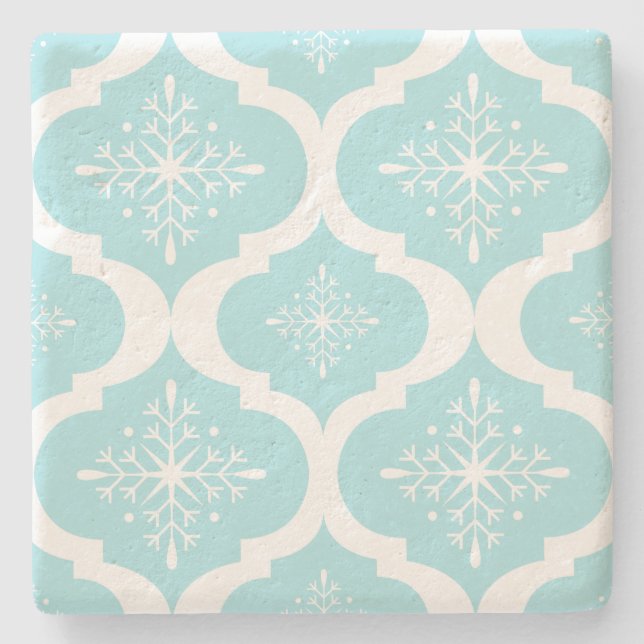 Christmas Aqua Blue Snowflakes Lattice Pattern Stone Coaster (Front)