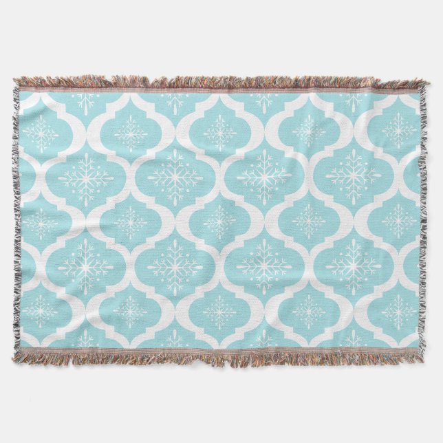 Christmas Aqua Blue Snowflakes Lattice Pattern Throw Blanket (Front)