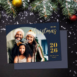 Christmas arch 1 photo modern minimalist gold<br><div class="desc">This elegant and modern Christmas greeting card features a minimalist design displaying your favourite family picture inside a trendy arch frame. Easily customisable with your family name and the current year in stylish gold foil serif fonts over a classic blue background.</div>