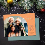 Christmas arch 1 photo modern minimalist gold<br><div class="desc">This elegant and modern Christmas greeting card features a minimalist design displaying your favourite family picture inside a trendy arch frame. Easily customisable with your family name and the current year in stylish rose gold foil serif fonts over a light shade of orange.</div>
