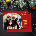 Christmas arch 1 photo modern minimalist red<br><div class="desc">This elegant and modern Christmas greeting card features a minimalist design displaying your favourite family picture inside a trendy arch frame. Easily customisable with your family name and the current year in stylish gold foil serif fonts over a classic festive red background.</div>