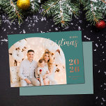 Christmas arch 1 photo modern minimalist teal<br><div class="desc">Elegant and modern Christmas greeting card featuring a minimalist design displaying your favourite family picture inside a trendy arch frame. Easily customise with your name and the current year in stylish rose gold foil serif fonts.</div>