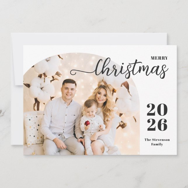 Christmas arch 2 photos modern minimalist red holiday card (Front)