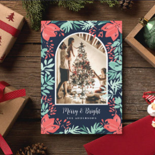 Christmas Arch Photo Botanical Red Floral Blue Holiday Card