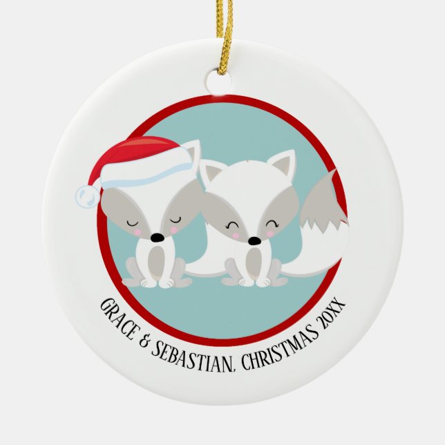 Christmas Arctic Foxes Personalised Ceramic Tree Decoration (Front)