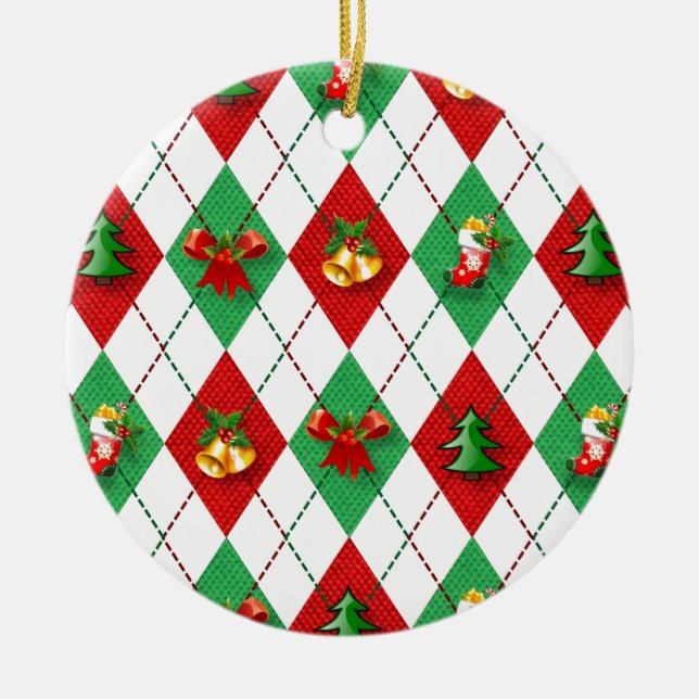 Christmas Argyle Decorated Ornament Round (Front)