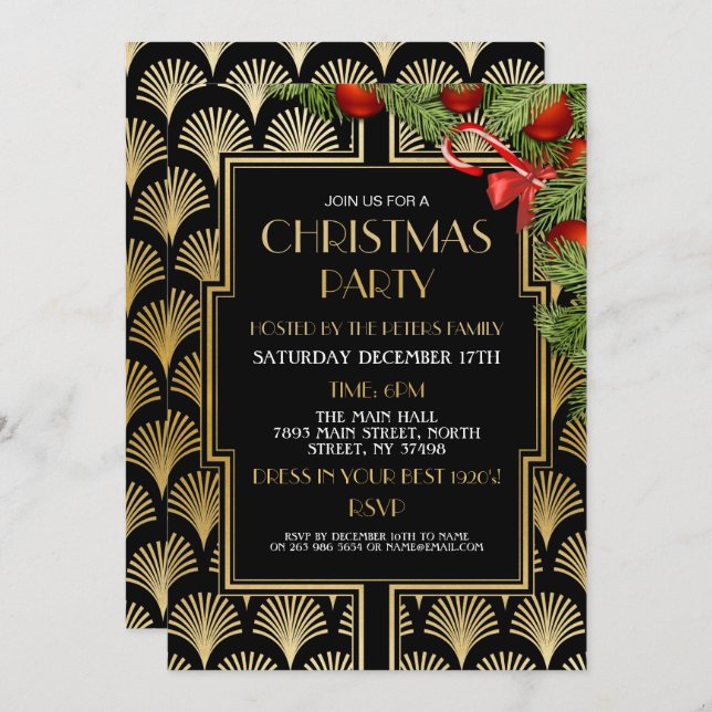 Christmas Art Deco Gatsby Party Gold Twenties Invitation (Front/Back)