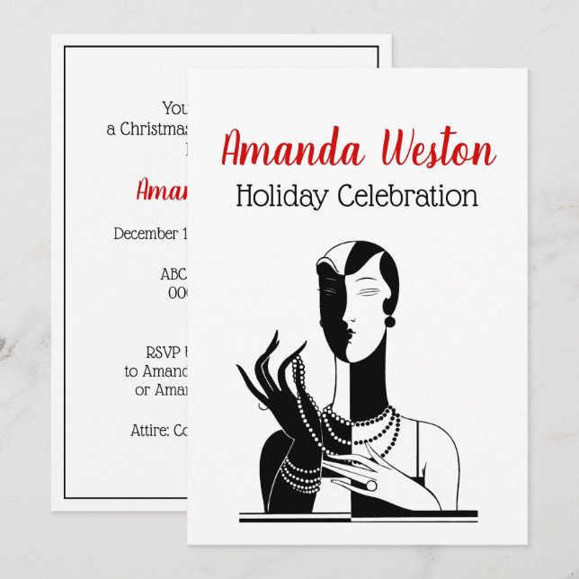 Christmas Art Deco Lady With Pearls Black Transp Invitation (Front/Back)