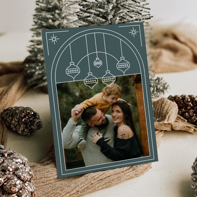 Christmas Art Deco Line Art Green Photo Holiday Invitation (Creator Uploaded)