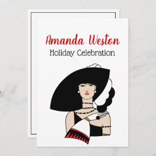 Christmas Art Deco Woman Wearing Hat Gloves Colour Invitation