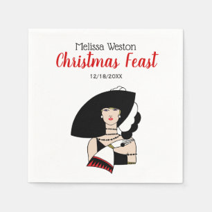 Christmas Art Deco Woman Wearing Hat Gloves Colour Napkin