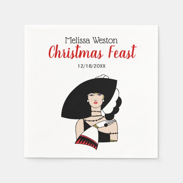 Christmas Art Deco Woman Wearing Hat Gloves Colour Napkin (Front)