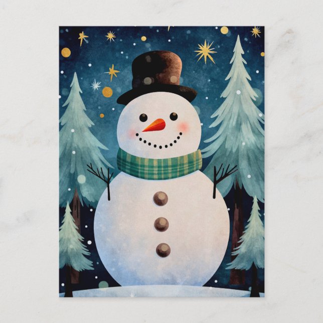 Christmas Art  Snowman Snowy Night  Message Holiday Postcard (Front)