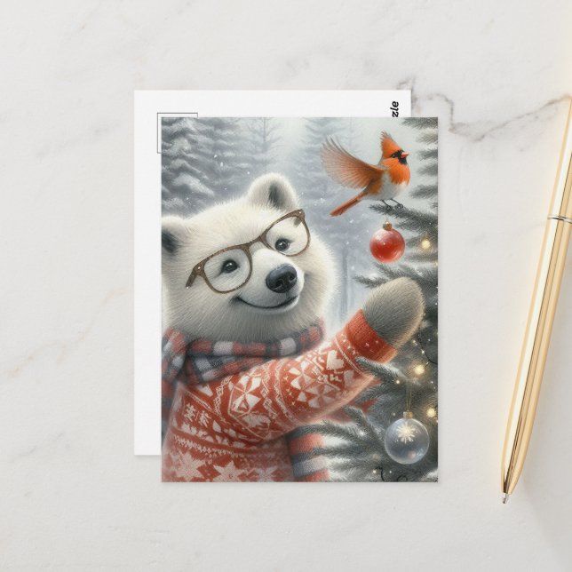 Christmas Artic Fox and Cardinal Postcard (Front/Back In Situ)