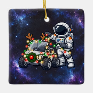 Christmas Astronaut Decorating a Lunar Rover Ceramic Ornament