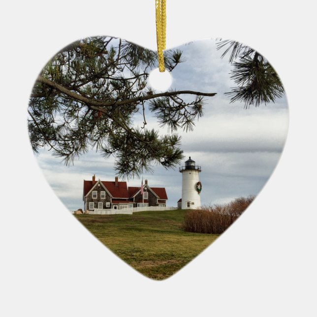 Christmas at Nobska Lighthouse Cape Cod Gifts Ceramic Tree Decoration (Front)