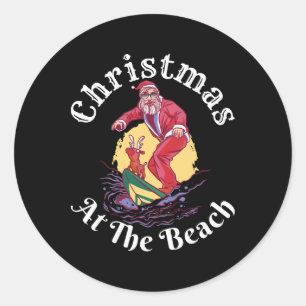 Christmas At The Beach Funny Santa Surfing With Re Classic Round Sticker