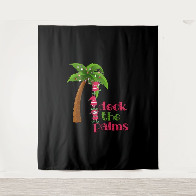 CHRISTMAS AT THE BEACH graphic SANTAS ELVES PALM Tapestry (Front)