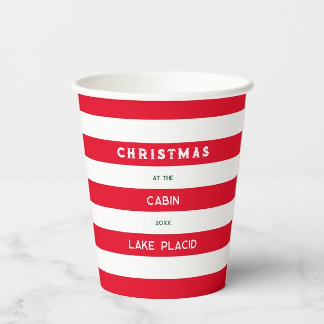 Christmas At The Cabin Red Nautical Stripe Lake Paper Cups (Back)