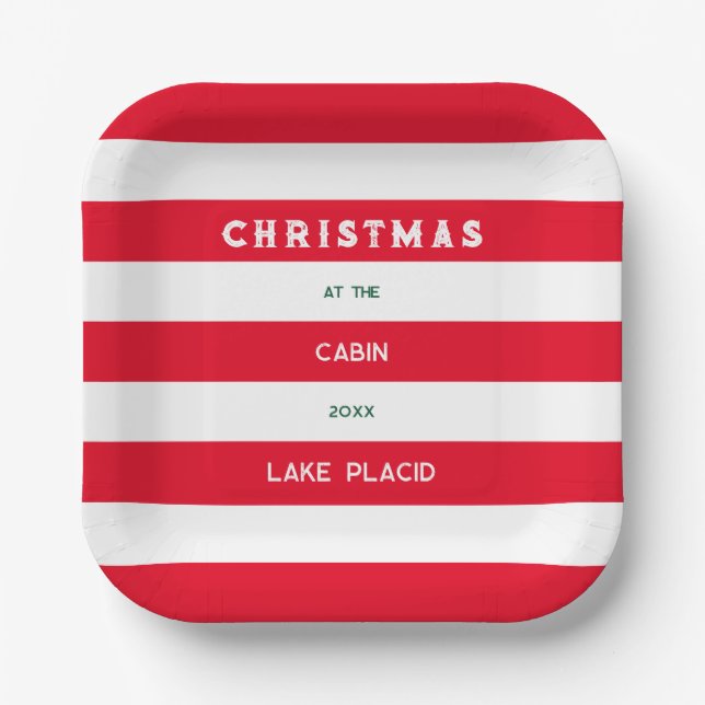 Christmas At The Cabin Red Nautical Stripe Lake Paper Plate (Front)