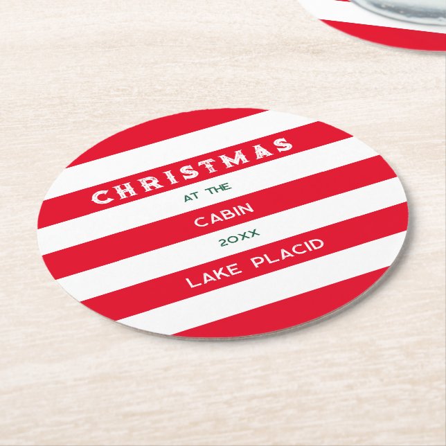 Christmas At The Cabin Red Nautical Stripe Round Paper Coaster (Angled)